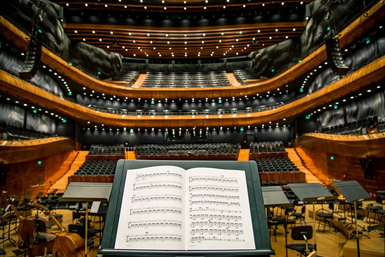 A music stand overlooking a concert hall